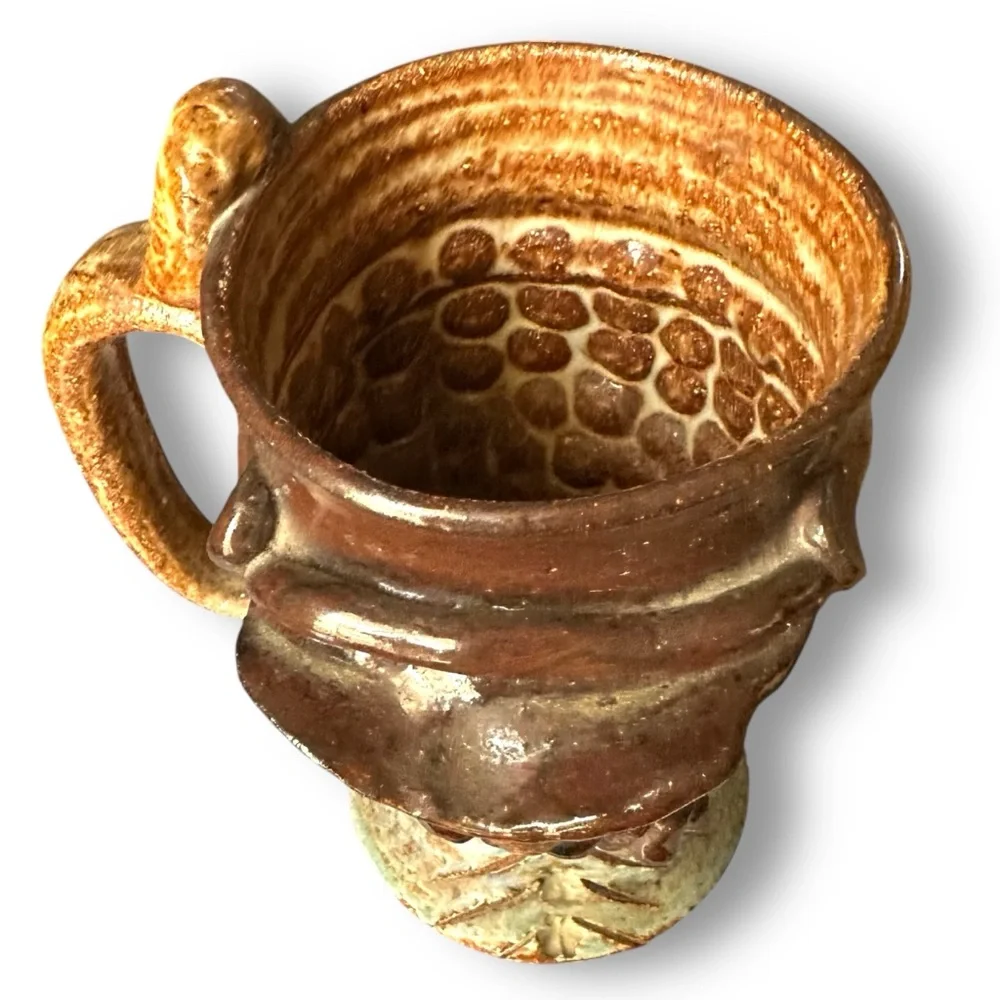 VTG 3D Face Pottery Mug 1970–80s Handmade Studio Art Ceramic Folk Art Sculptural